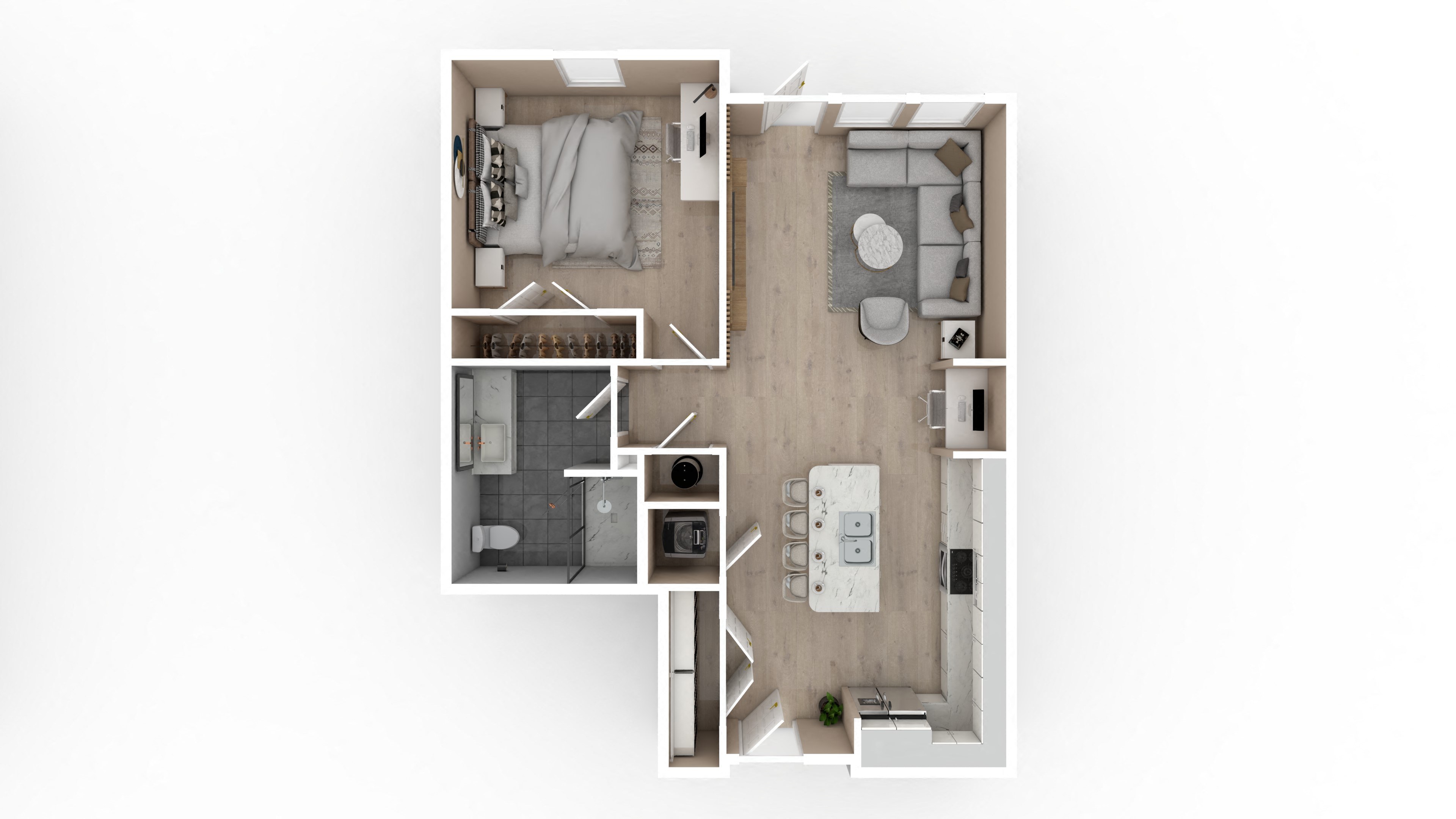 Floor plan for 1 bed, 1 bath, 736 sqft
